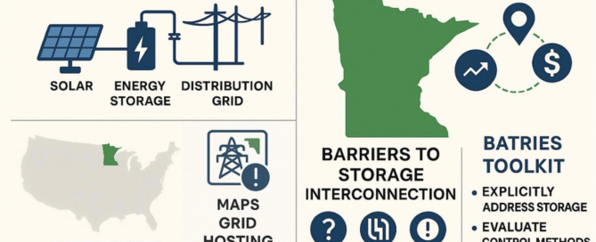 Hosting Capacity Analyses infographic highlighting barriers and solutions for solar and energy storage integration in Minnesota, shared by Wolf River Electric.